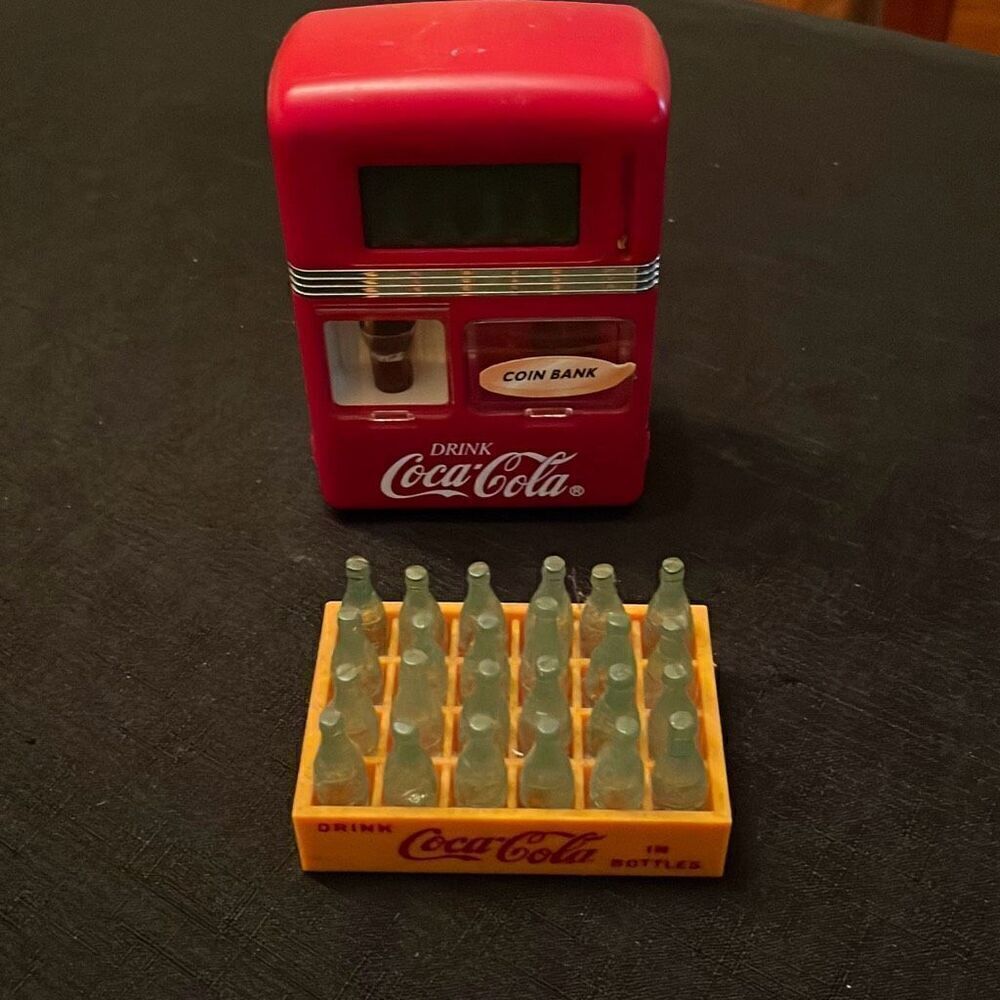 Vintage Miniature Mini Coca Cola Bottles 24 pack in Crate W Digital Coin Bank/Cl